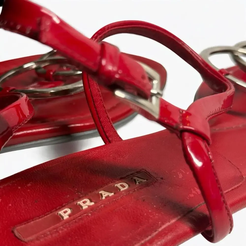 Prada Women’s Flat Sandals Red Slingback Patent Leather Sz 36 US 6 Made In Italy - Picture 8 of 9